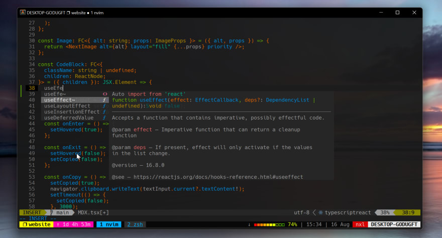 Screenshot of Neovim auto-importing useEffect from React